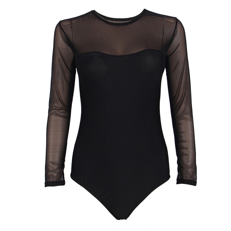 Women Sheer Black Mesh Lace Bodysuit Round Neck Long Sleeve Leotard | BigBuy360 - bigbuy360.vn
