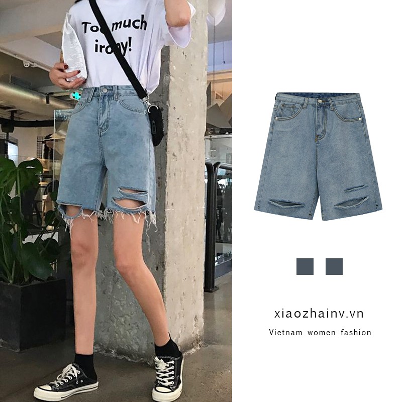 Xiaozhainv Quần short Denim lưng cao phong cách retro