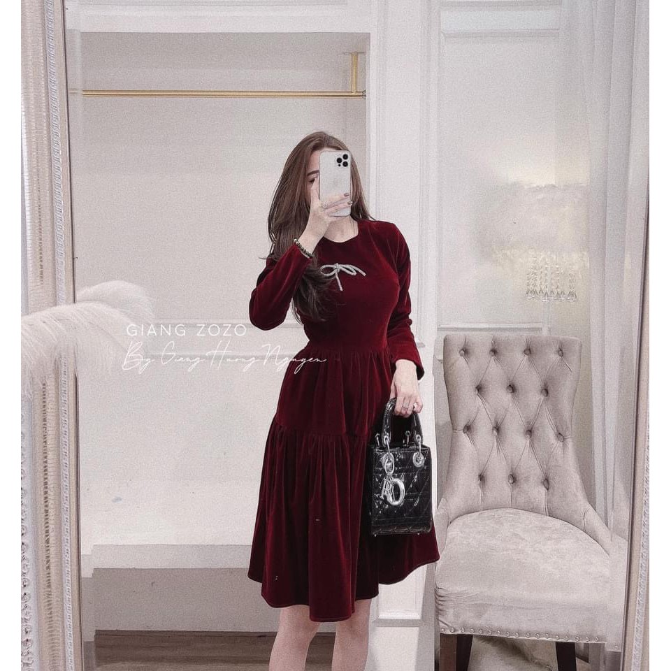 Đầm Nhung Đỏ, Váy Nhung Cổ Tròn Tay Dài Hàng Cao Cấp Thời Trang Thu Đông Sang Trọng Cho Phái Nữ. | BigBuy360 - bigbuy360.vn