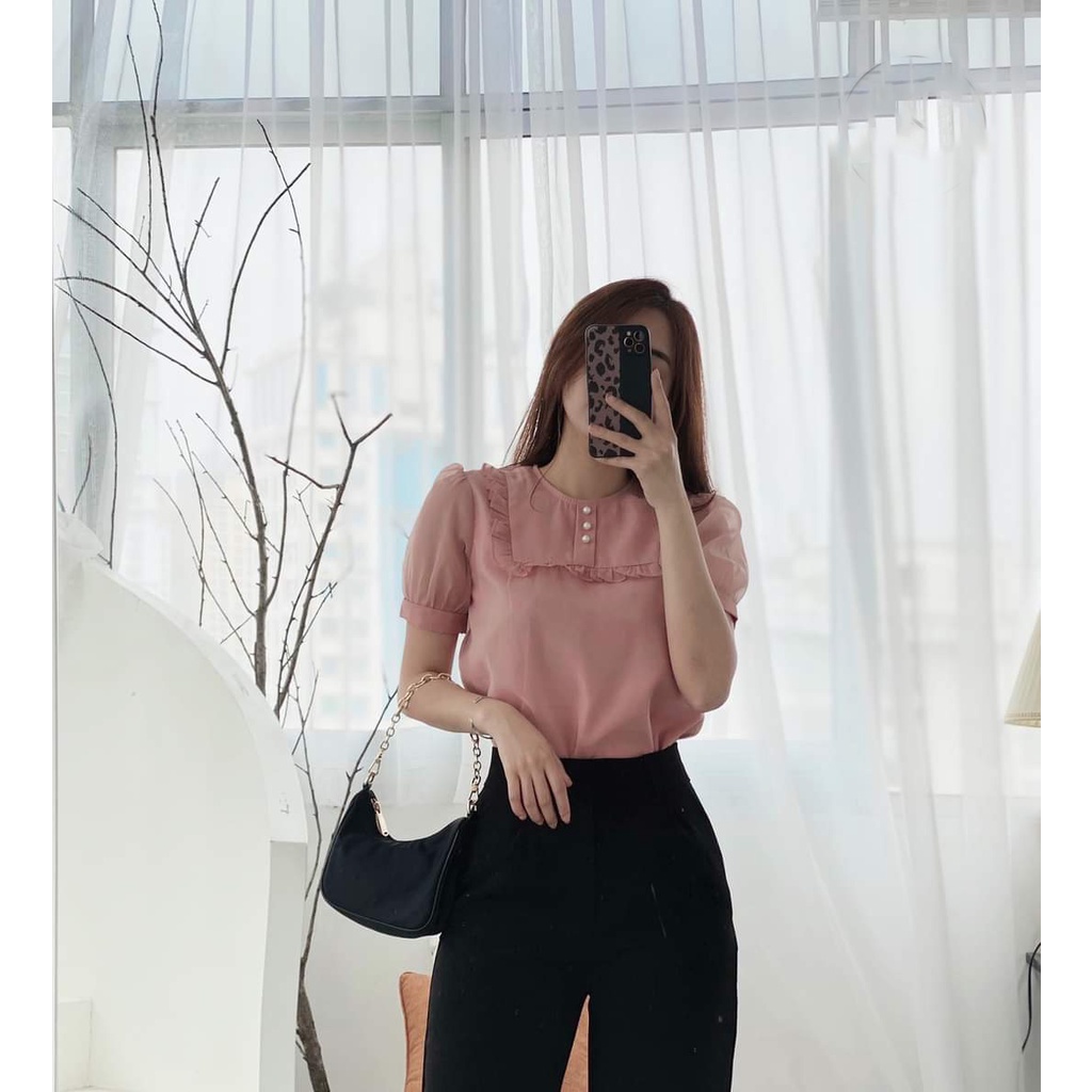 [SALE] Áo Sơ Mi Nữ viền bèo đính ngọc tay ngắn cổ tròn Gloria Shop  - Ảnh Thật Sơ mi kiểu [ SMGl01]