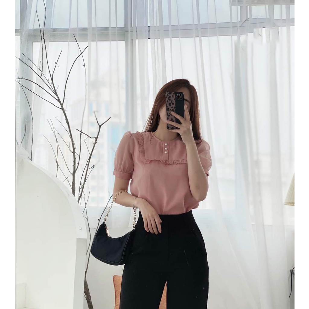 [SALE] Áo Sơ Mi Nữ viền bèo đính ngọc tay ngắn cổ tròn Gloria Shop 💖 - Ảnh Thật💖 Sơ mi kiểu [ SMGl01] | BigBuy360 - bigbuy360.vn