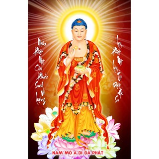 Tranh dán tường 3D phật A Di Đà - Vải lụa kim tuyến