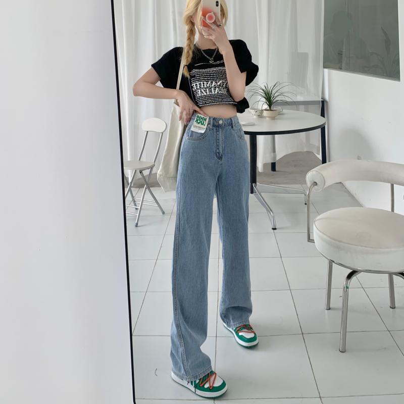 QKOOLE  Quần jean nữ lưng cao dáng rộng phong cách Hàn Quốc