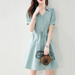 2022 summer new fashionable striped skirt with waist slim and casual short-sleeved dress
