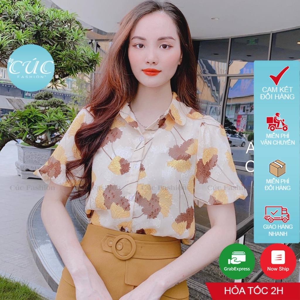 Áo sơ mi nữ CÚC FASHION somi tay ngắn cao cấp lụa đẹp kiểu họa tiết hoa đỏ vàng xanh công sở áo tơ ép hoa cổ sen A1109