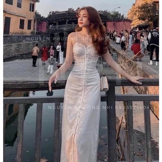 Đầm midi trắng 2s viền ren phối nút