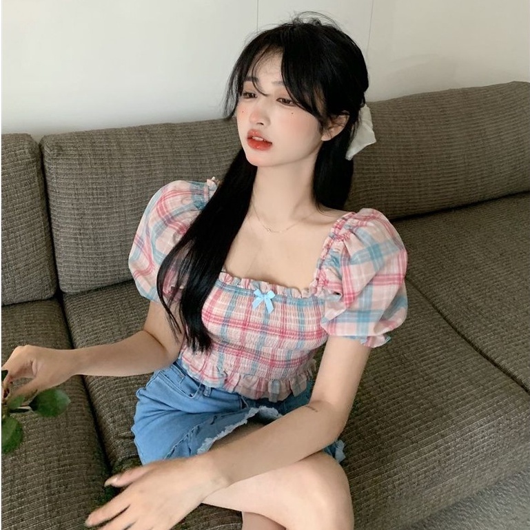 Áo croptop BH tay phồng cổ vuông thời trang mùa hè xinh xắn cho nữ