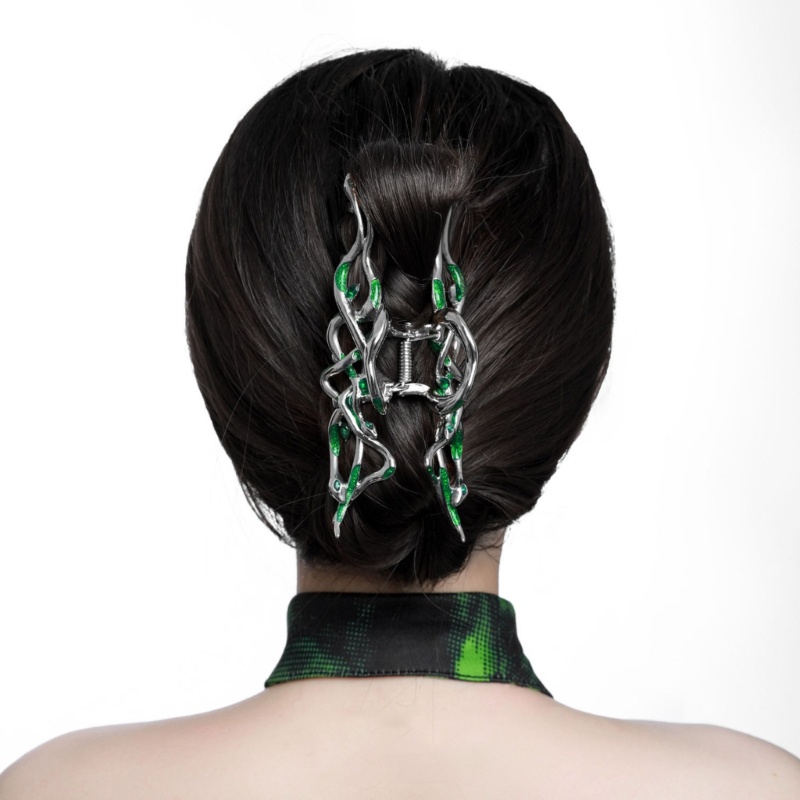 Kẹp Tóc Kim Loại Hình Rắn Đính Đá Xanh Lá Chống Trượt