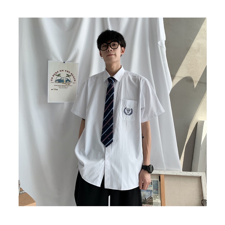 Áo Sơ Mi Trắng Dài Tay Phối Cà Vạt Thêu Họa Tiết Phong Cách Học Sinh