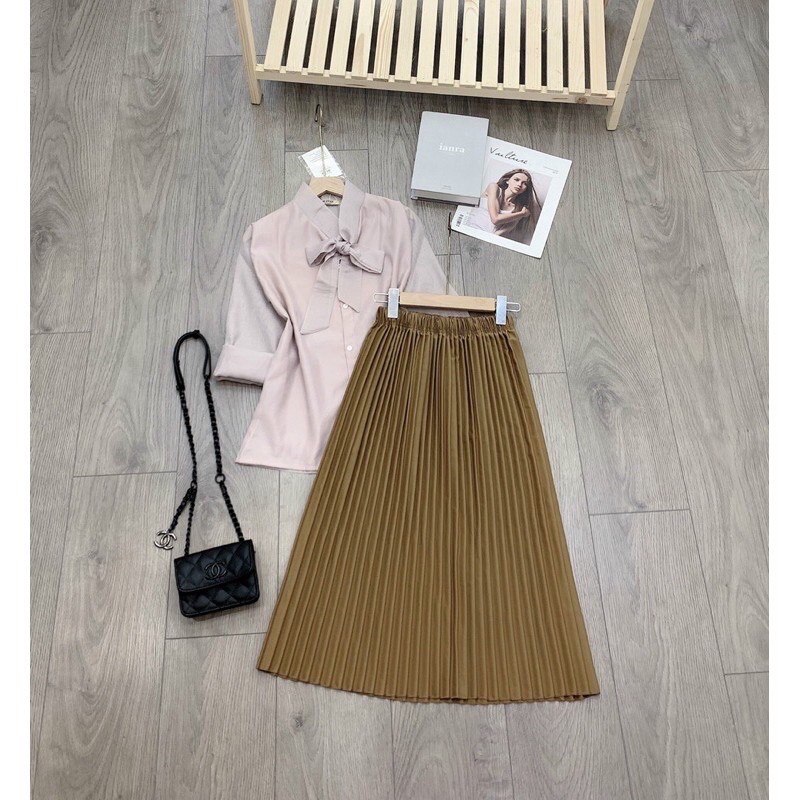 Set áo sơ mi nơ mix chân váy xếp ly dài siêu xinh (Hàng đẹp,có ảnh và video thật) | BigBuy360 - bigbuy360.vn