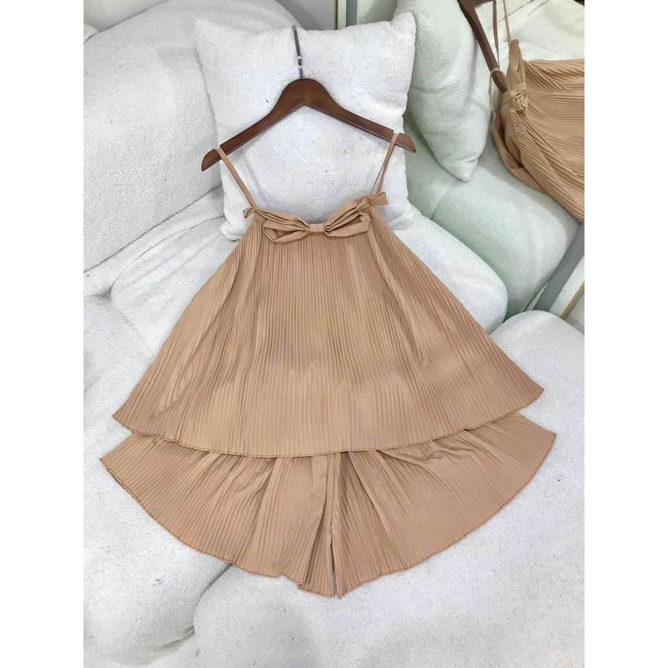 Bộ đùi dập ly cho nữ mặc đi chơi, áo hai dây phối nơ, quần ống rộng, form đẹp