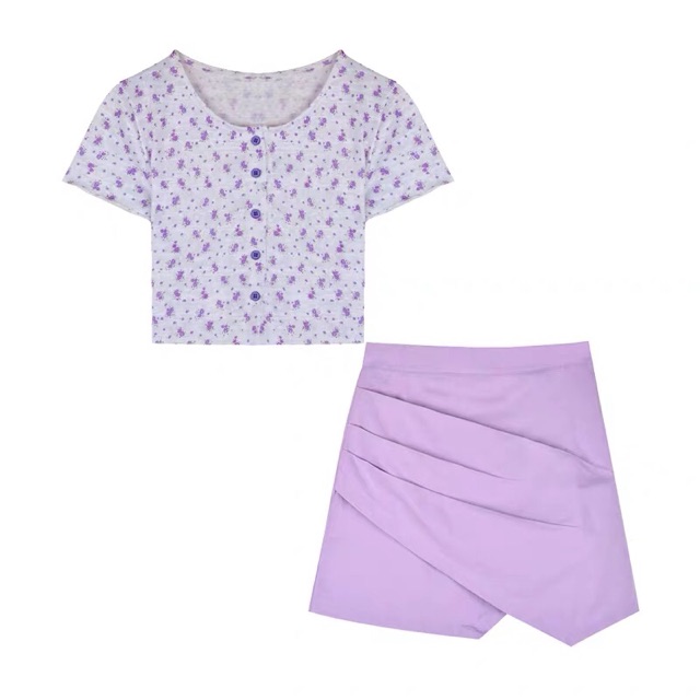 Set chân váy màu tím xéo tà và áo thun giấy croptop hoa nhí tím ulzzang xinh xắn đi chơi du lịch