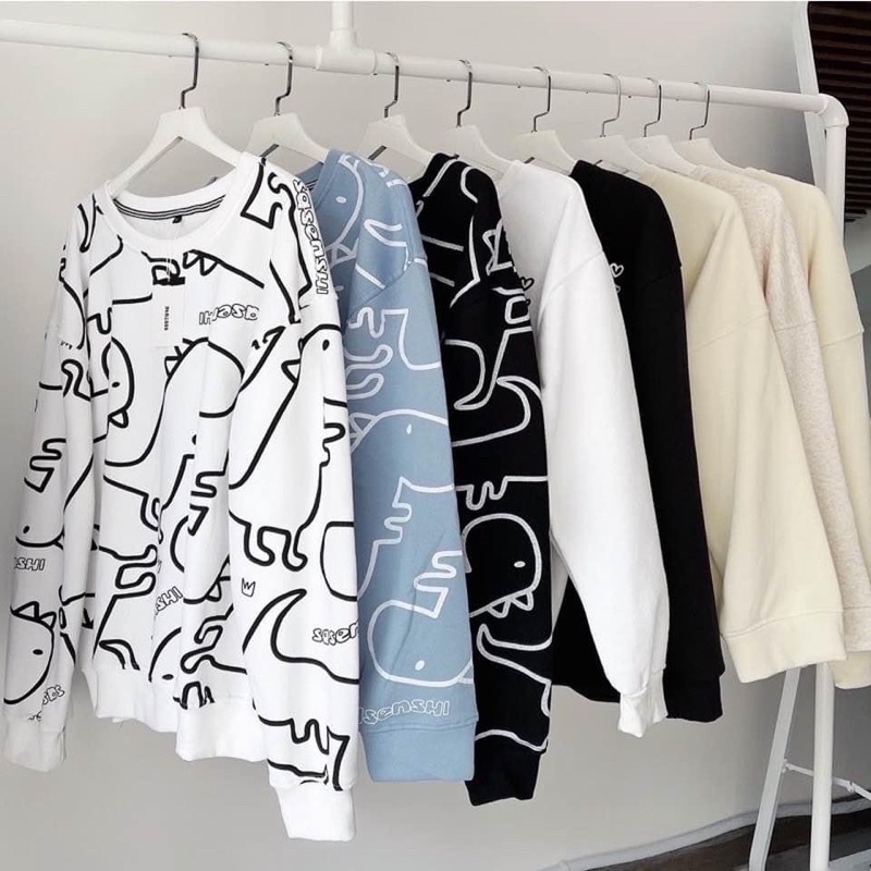 Áo nỉ sweater khủng long unisex mặc thu đông dày dặn cho nam và nữ màu trắng, xanh, đen | BigBuy360 - bigbuy360.vn