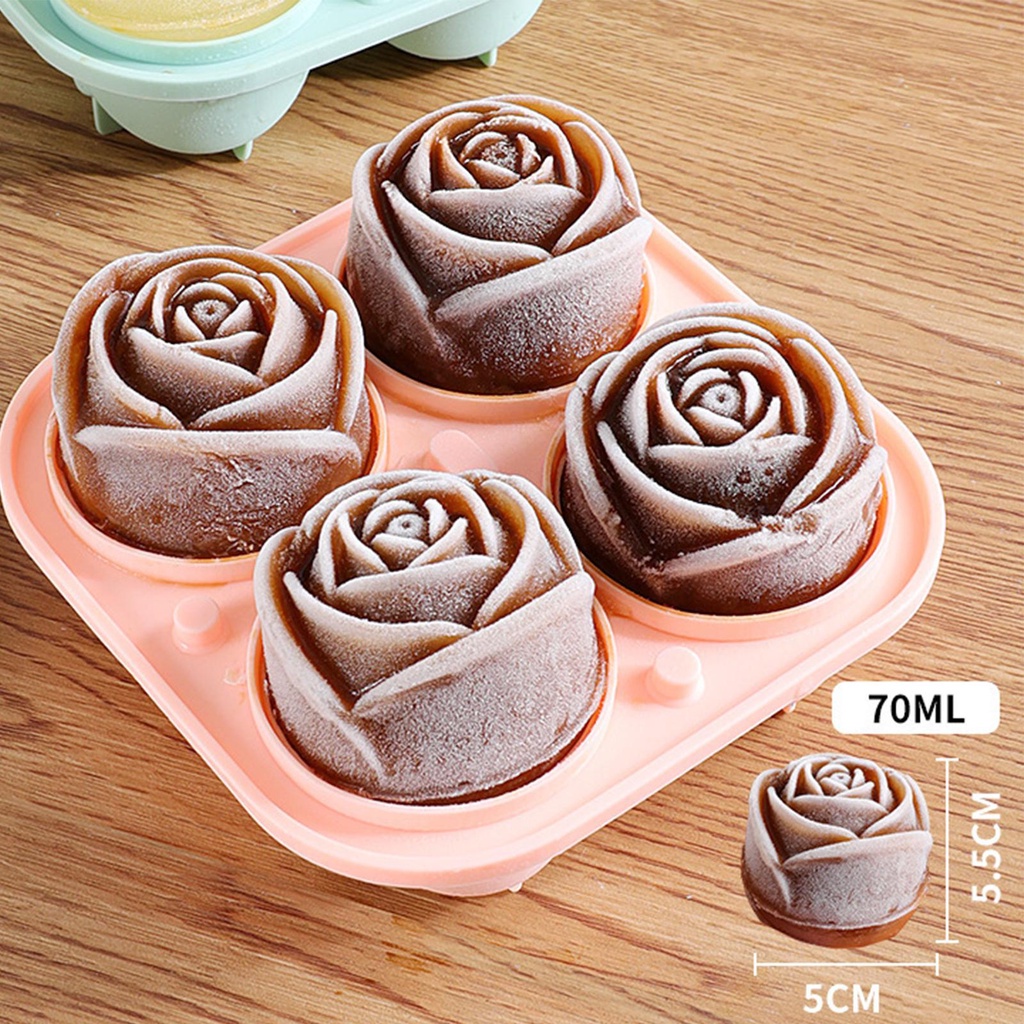 Khay Làm Đá 4 Viên, Khuôn làm Đá Silicon Hình Hoa Hồng, Dễ Dàng Lấy Đá, Khay Làm Thạch Hoa Quả Có Nắp Đậy Tiện Dụng