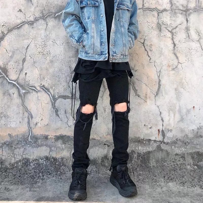 Quần Jean Dài Dáng Ôm Màu Trơn quần jean nam đen rách gối Phối Rách Kiểu Hip-Hop quần jean nữ Hàn Quốc quần ống suông Thời Trang quần bò nữ