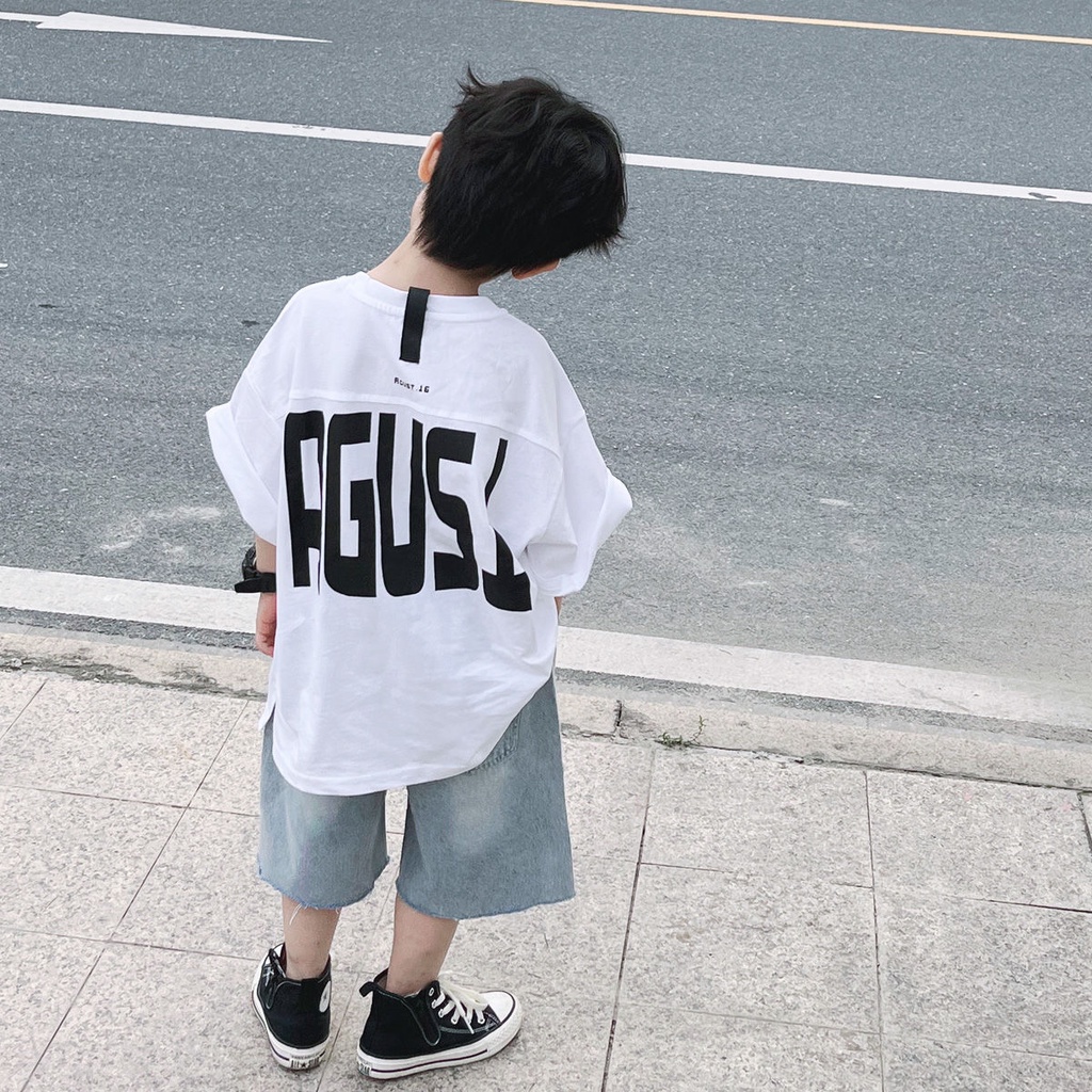 Áo Thun Cotton Trơn Tay Ngắn Cổ Tròn In Họa Tiết Hoạt Hình Phong Cách Hàn Quốc Cho Bé Trai