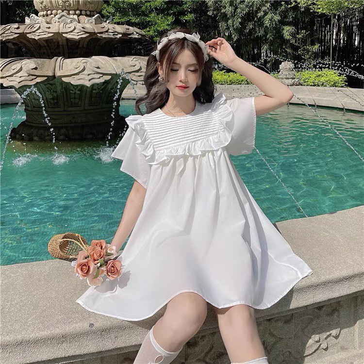 Váy Babydoll Cổ Bèo Xếp Ly Ngực Form Rộng Dáng Ngắn Xoè Xinh Xắn, Labibi