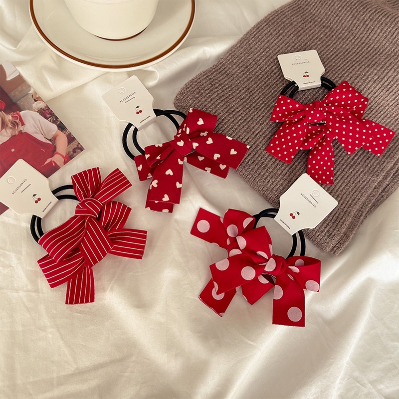 Bộ 2 dây buộc tóc đính nơ màu đỏ đơn giản phong cách Hàn Quốc