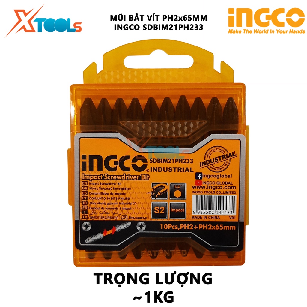 Bộ mũi bắt vít 2 đầu bake 10 chi tiết INGCO SDBIM21PH233 mũi bắt vít 2 đầu PH2 + PH2 65mm, Thép công nghiệp S2 có nam ch