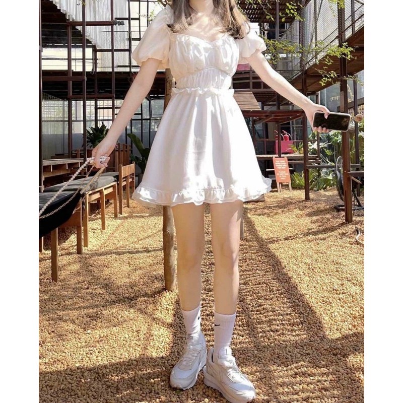 ĐẦM TRẮNG CỔ TYM VIỀN TAY BỒNG BO EO VIỀN BÈO | BigBuy360 - bigbuy360.vn