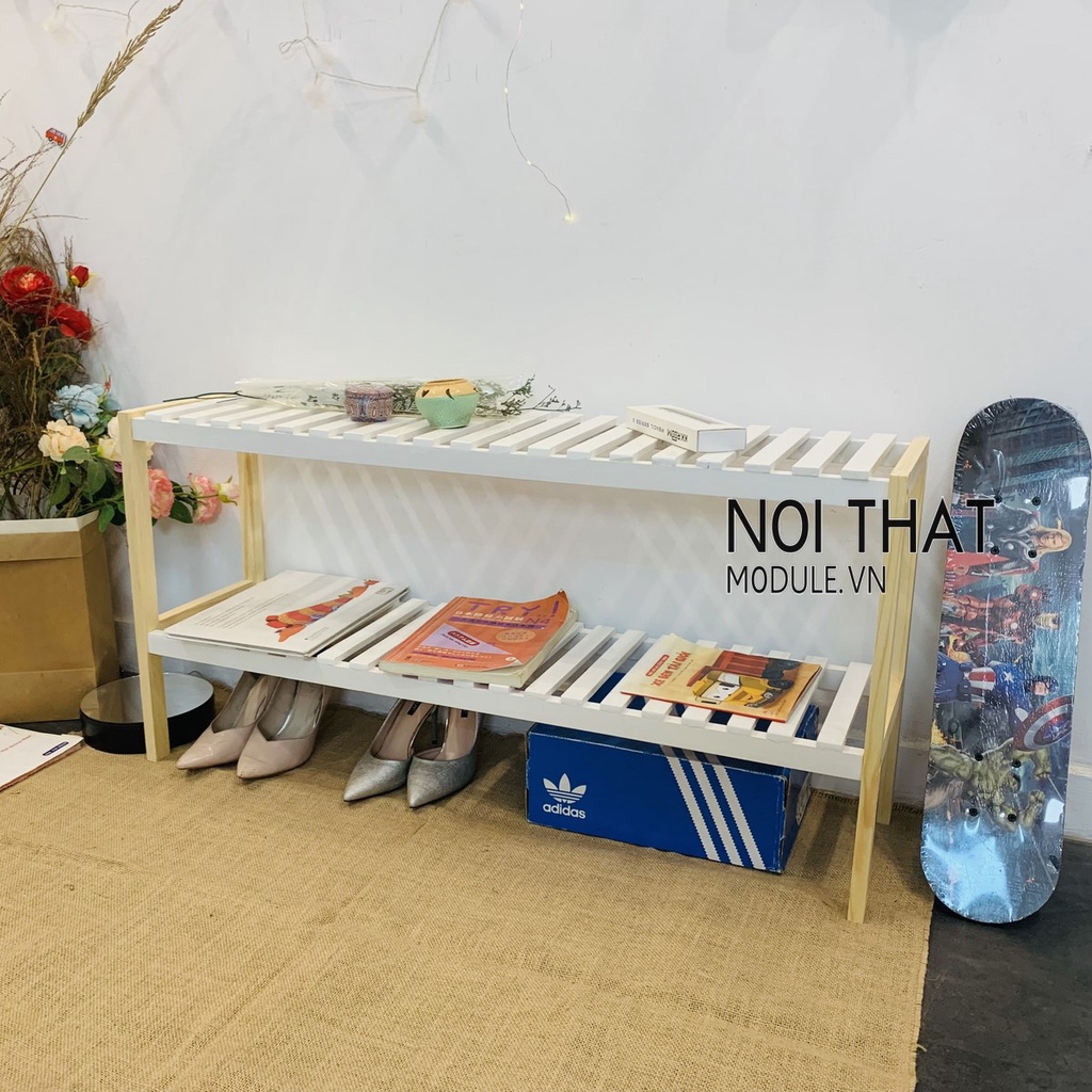 Kệ gỗ 2 tầng trang trí decor phòng, Giá gỗ 2 tầng mầu trắng phong cách hàn quốc