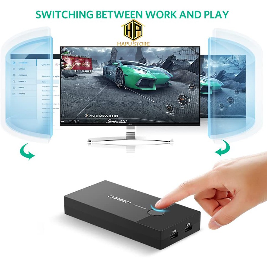 [Mã 254ELSALE giảm 7% đơn 300K] Bộ KVM Switch USB Ugreen 30357 - 2 máy tính chung 1 màn hình cao cấp - Hapustore