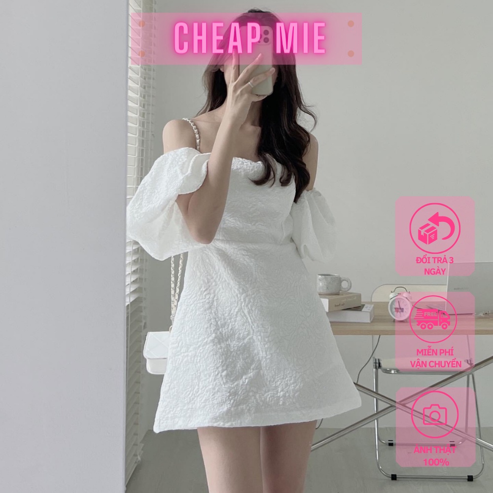 Đầm Nữ 💖Cheap Mie💖 Váy Gấm Cúp Ngực Trễ Vai Tay Phồng Dáng A Ngắn Đen Trắng Phong Cách Điệu Đà