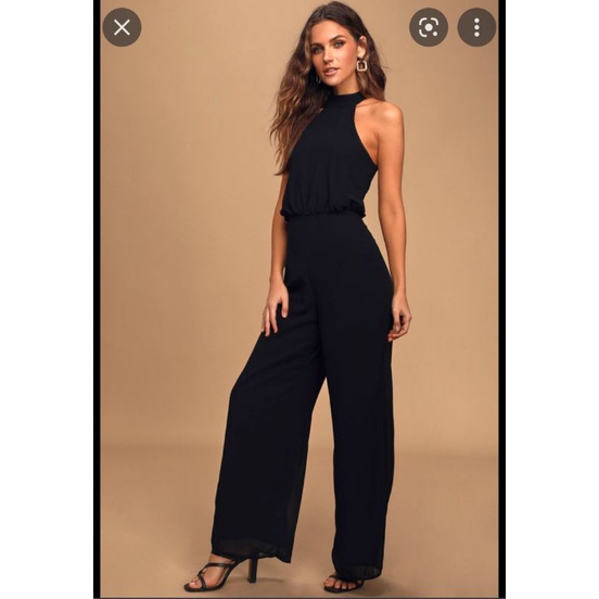 Jumpsuit đen dáng dài ống rộng cổ yếm VNXK jum navy phối ren xẻ tà sexy xuất khẩu dư xịn