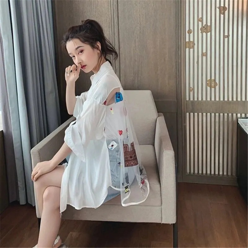 Áo Sơ Mi Tay Dài Chống Nắng Phối Lưới Thêu Họa Tiết Thời Trang Cho Nữ