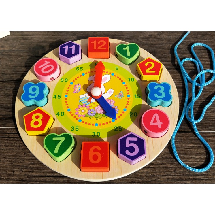 Đồng hồ số hình khối luồn dây 3 in 1 - Đồ chơi bằng gỗ thông minh cho bé luyện kỹ năng