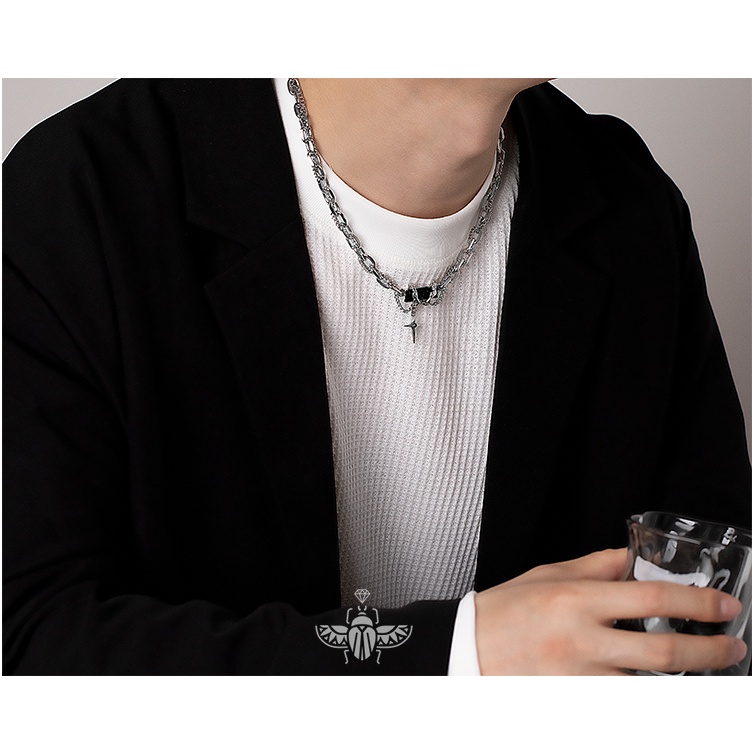 Vòng cổ Nhiều Lớp Đính Đá zircon Màu Đen Phong Cách Đường Phố Cá Tính