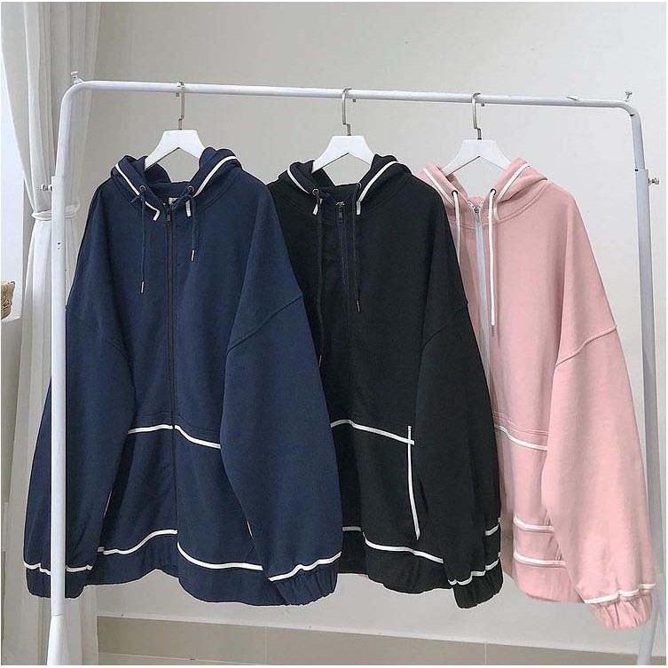 Áo Khoác Hoodie Viền Tay Bồng Nữ [FREESHIP]  Jacket form rộng có mũ màu ĐEN | HỒNG | XANH TÍM THAN Ulzzang