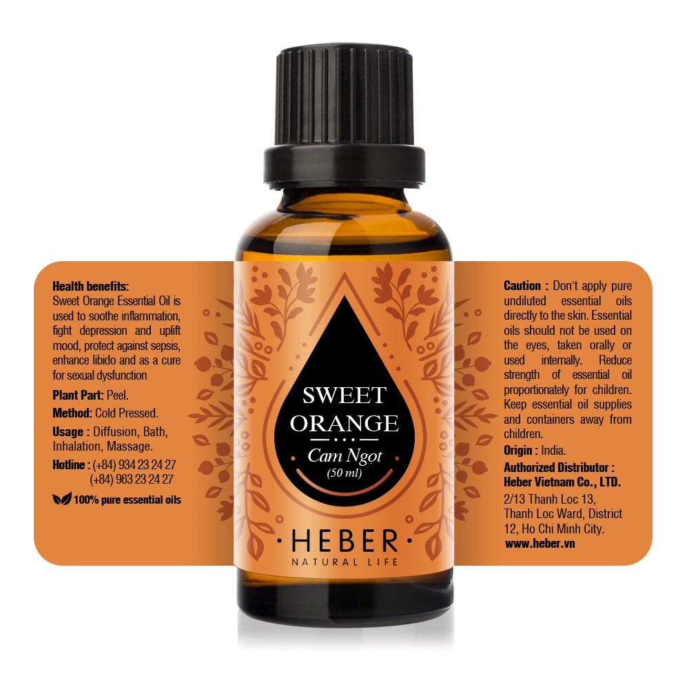 Tinh Dầu Cam Ngọt Heber Natural Life- Sweet Orange, Cao Cấp Nhập Khẩu, Thiên Nhiên Nguyên Chất Xông Phòng 10ml/30ml/50ml