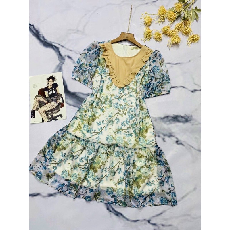 Đầm VINTAGE 2 Tầng Tay Ngắn Cổ Tròn Cao Cấp - Váy Tầng Chất Liệu VOAN Lụa Phối Họa Tiết Hoa cỏ mùa xuân | BigBuy360 - bigbuy360.vn