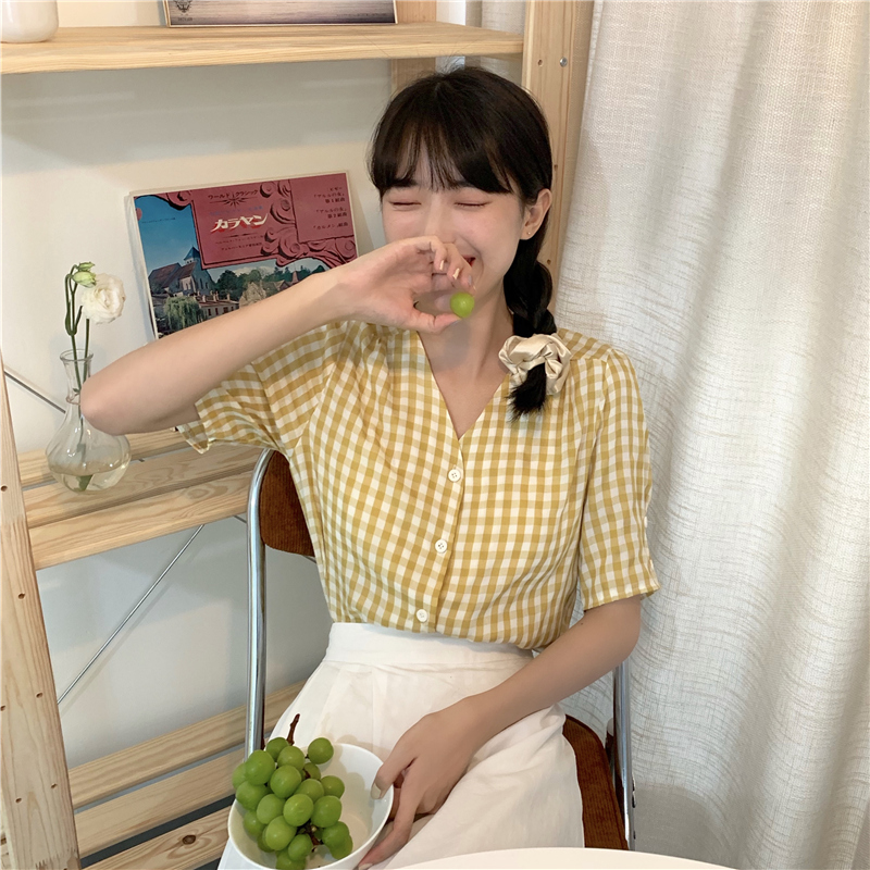 Áo sơ mi SUXI ngắn tay cổ chữ V họa tiết ca rô thời trang cho nữ