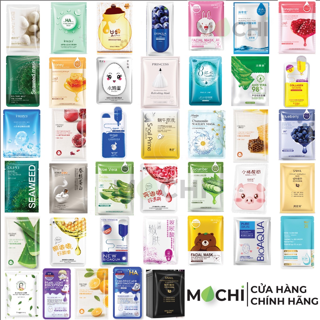 COMBO 50 Mặt Nạ Dưỡng Da Cao Cấp l Cấp Ẩm Trắng Da Giảm Mụn Thải Độc Mask Giấy Nội Địa Trung Bioaqua Bisutang MOCHI SHOP