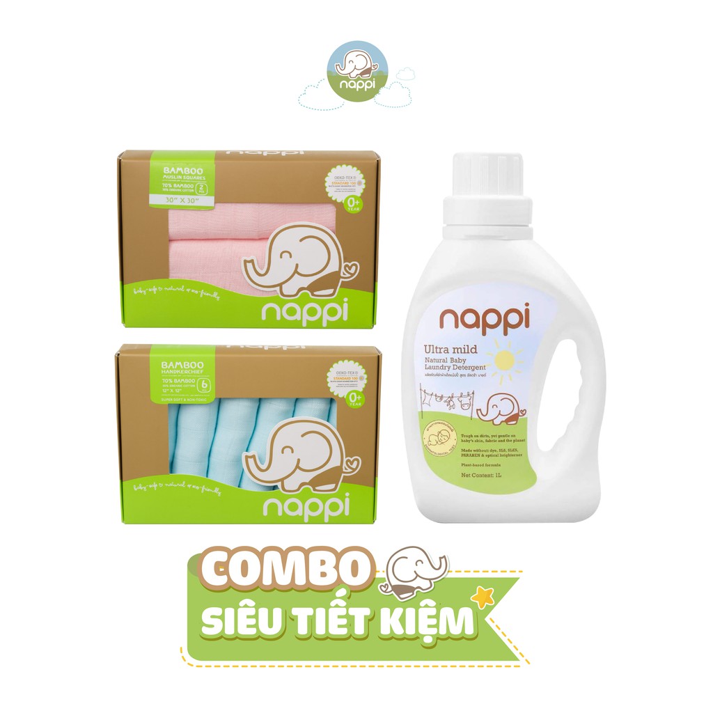 [Mã FMCGM100 - 10% đơn 500K] Combo 1 hộp khăn sữa Nappi + 1 khăn đa năng Nappi (77cmx77cm) + 1 chai nước giặt Nappi 1L