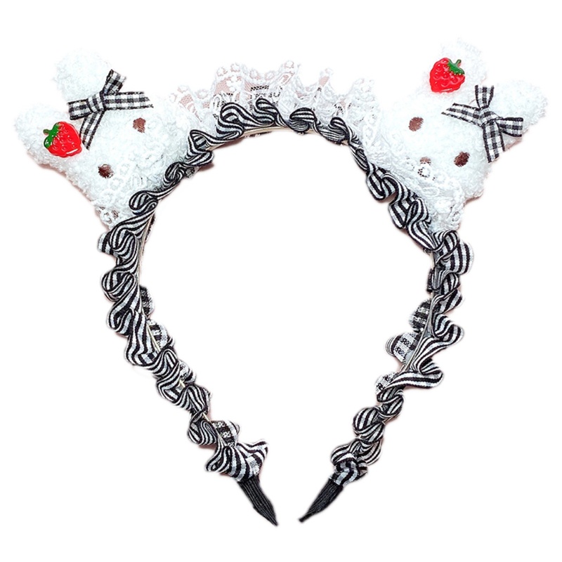 Băng Đô Tai Thỏ Phối Lông Xù Sọc Ca Rô Phong Cách Lolita Dành Cho Nữ