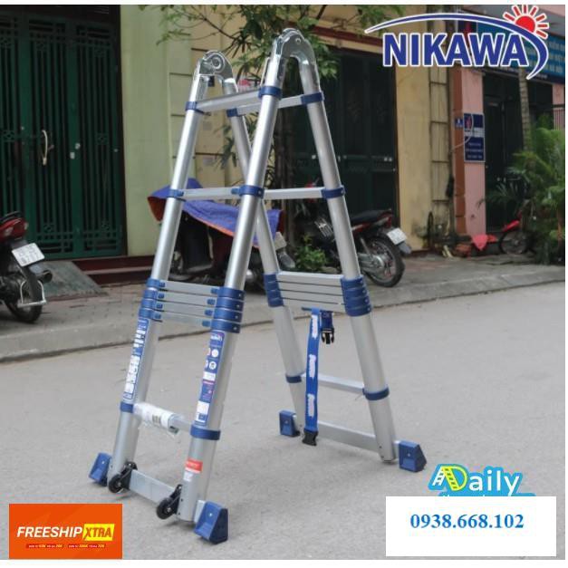 Thang Nhôm Rút Chữ A Nhật Bản Cao Cấp Có Bánh Xe Nikawa NK-38 AIPRI Cao 1,8m chữ A - 3,8m chữ I - BH Chính Hãng