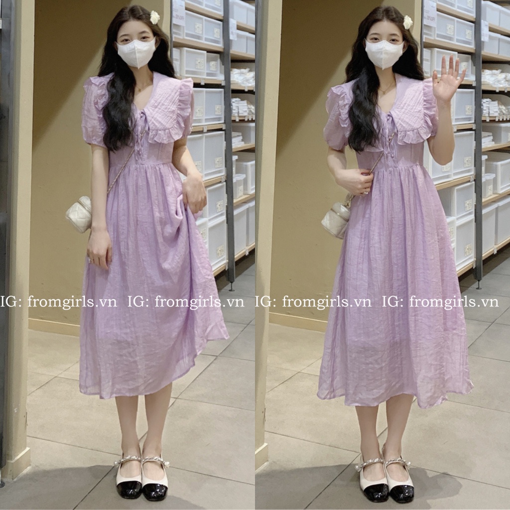 Đầm vintage dáng dài, váy maxi cổ bèo tiểu thư - V90