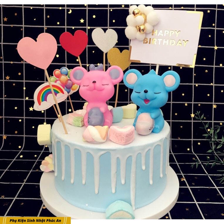 Cặp chuột trang trí bánh kem HPBD dễ thương