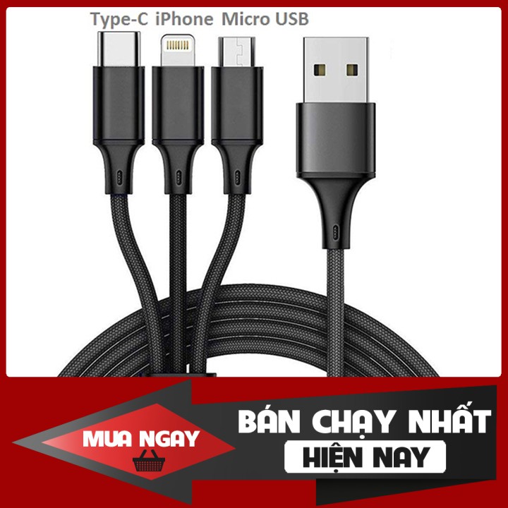 [ Giá Sỉ ] Cáp Sạc 3 Đầu đa năng Lightning - Micro Usb - Type C Dây Dù Chống Đứt Dài 1M