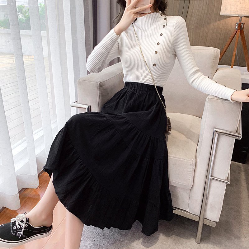 Chân Váy Dáng Dài Đũi Nhăn Nữ - Rere.Store [FREESHIP] - A1-2 Đầm tiểu thư bánh bèo màu đen basic cạp chun Ulzzang