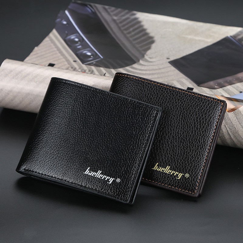 「COD」Baellerry Men's Short Wallet Korean Version of The Lychee Pattern Open Wallet Simple Leather Wallet