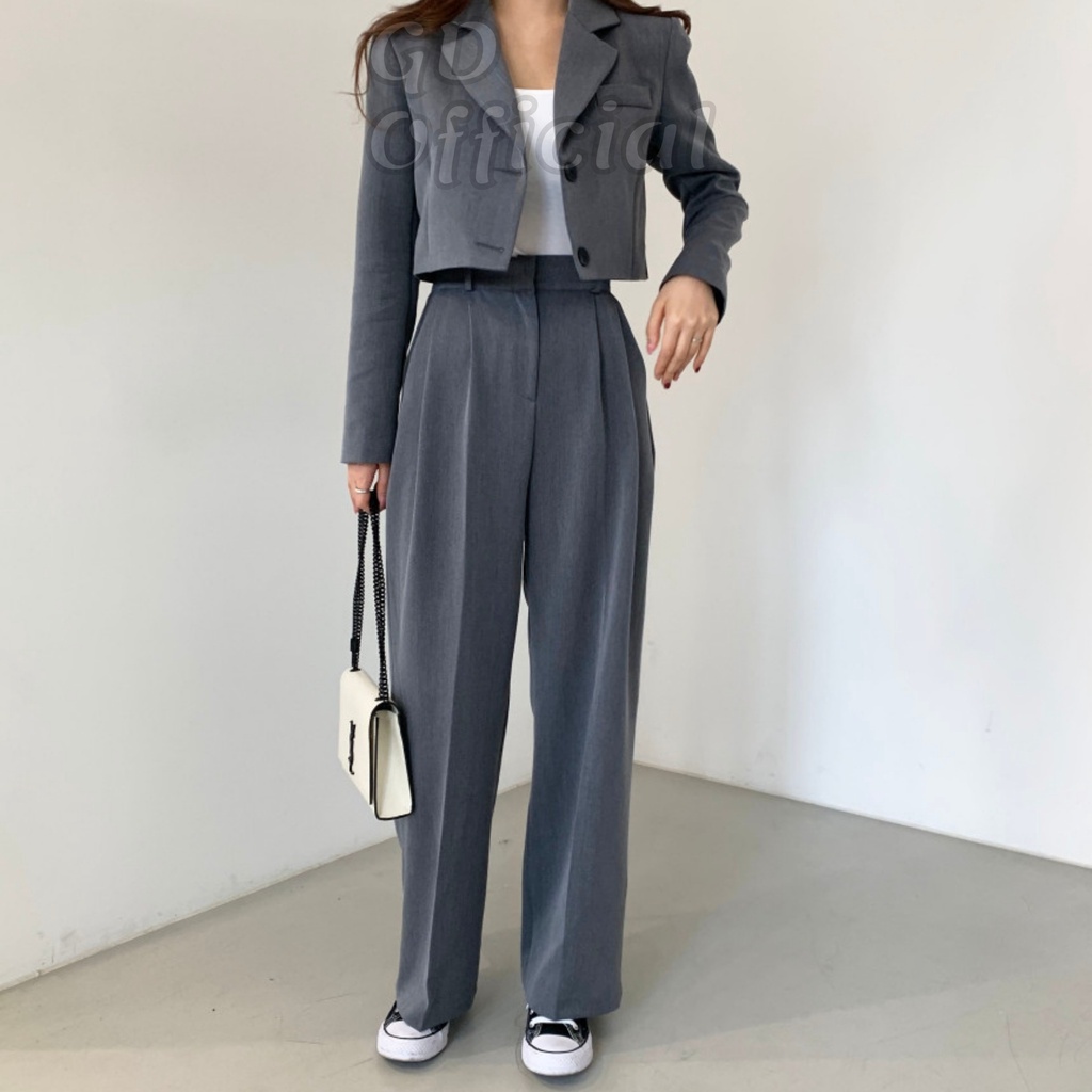 B70|Set bộ blazer nữ áo croptop khoác, quần tây cạp cao rộng suông gd_order