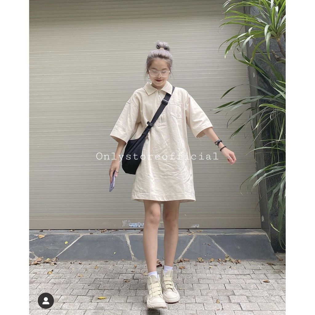 Đầm Suông Cổ Sơ Mi Khóa Kéo Nữ -Váy Nữ Phông Thun Dáng Dài Tay Lửng Form Rộng oversize Bánh Bèo Tiểu Thư