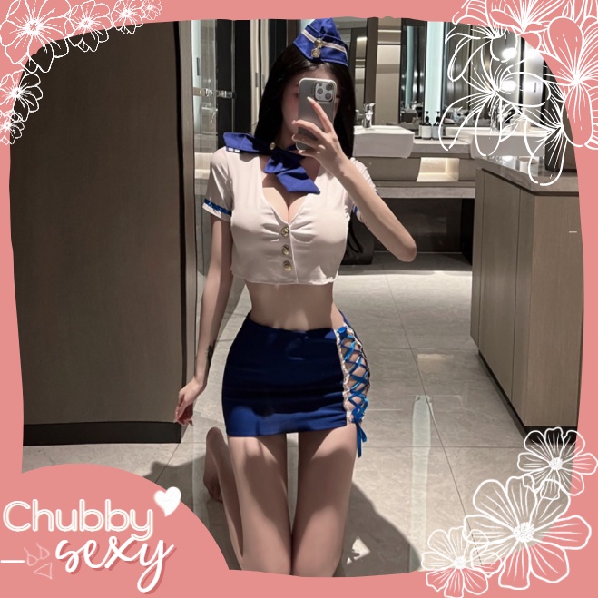 Cosplay Tiếp Viên Hàng Không Set Đồ Lót Cơ Trưởng Chuyến Bay Váy Đan Dây Kèm Nơ Và Mũ Sexy Quyến Rũ - CPL50- Chubby.Sexy