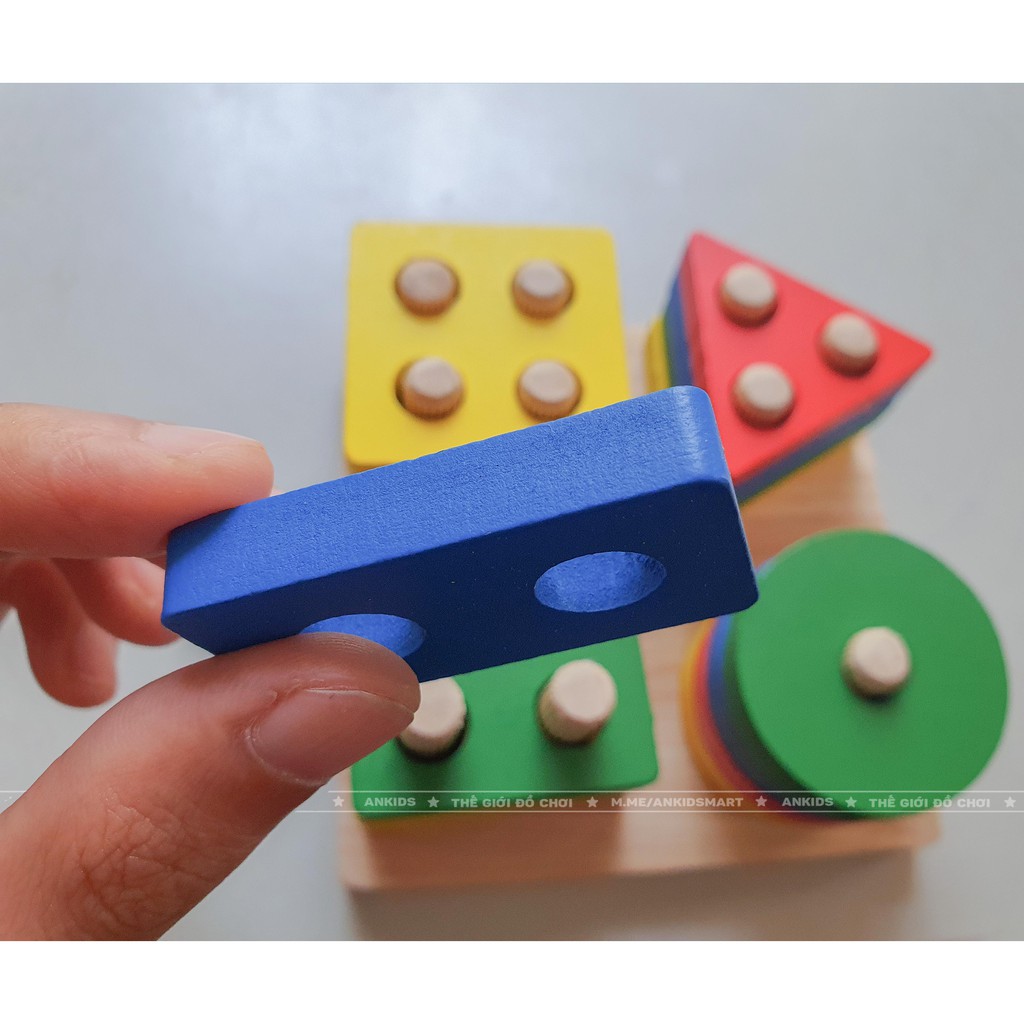 bộ xếp hình montessori thả khối 4 cọc trụ bằng gỗ - đồ chơi gỗ