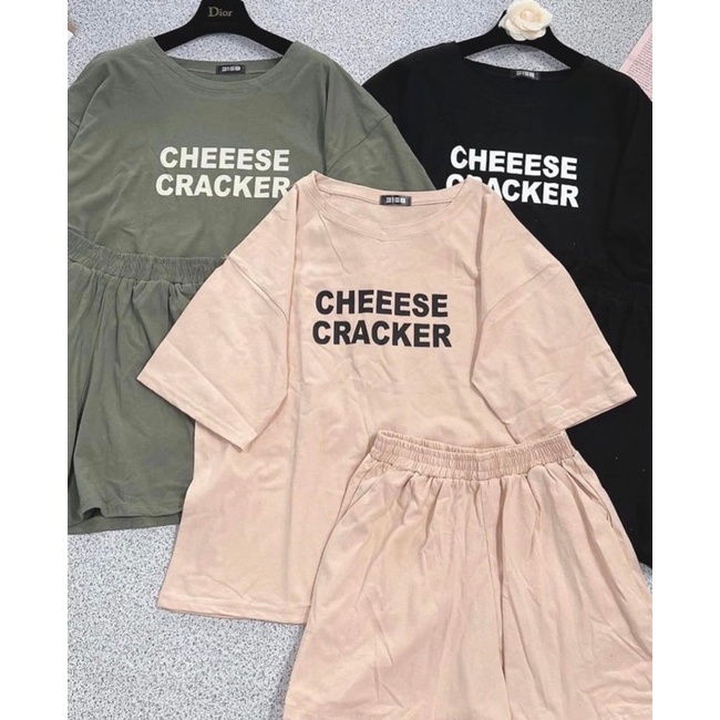 (Ảnh thật) Set Đồ Thun Áo Phông In Chữ Cheese Kèm Quần Short