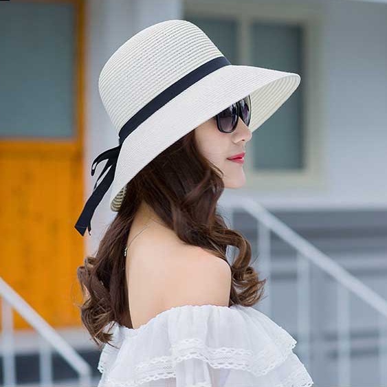 Mũ cói đi biển Cloche - mũ chuông vành rộng - viền dây nơ đen dài